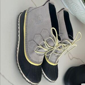 Sorel Black and Gray Boots with Yellow Trim
